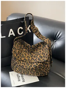 Bolso bandolera de lona con estampado de leopardo, bolso grande casual para el día a día.