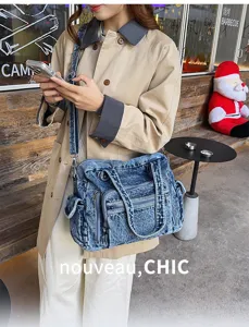 Retro soft denim tote bag, large capacity casual commuter shoulder bag, versatile messenger.