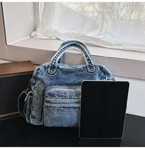Vintage Soft Denim Tote Bag Large Capacity Casual Commuter Shoulder Crossbody Bag For Women