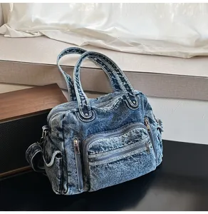 Vintage soft denim tote bag, large capacity casual shoulder bag for women daily.