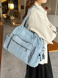 Vintage Soft Denim Tote Bag Women Large Capacity Commuter Shoulder Bag Casual Versatile Multi Pocket Handbag