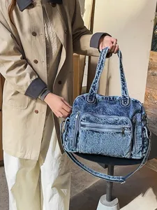 Vintage soft denim tote bag for women, large capacity commuter shoulder and crossbody bag.