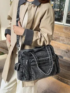 Retro washed denim tote bag for women, large capacity shoulder bag daily commute.