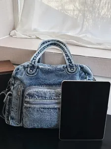 Retro soft denim tote bag women large capacity commuter shoulder bag casual messenger bag