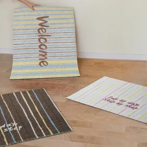 Anti-slip PVC loofah door mat detail with colorful stripes and inspiring English text patterns.