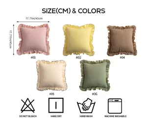 Detail view of pure cotton ruffle decorative pillow cover showcasing color options and size specs