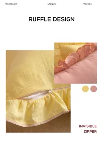 Close-up detail of cotton pillow cover featuring cute ruffle edge and smooth invisible zipper.