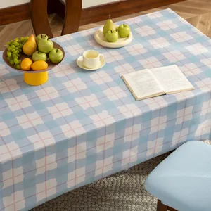 Blue and pink plaid tablecloth with cream style, waterproof and oil-proof rectangular table cover.