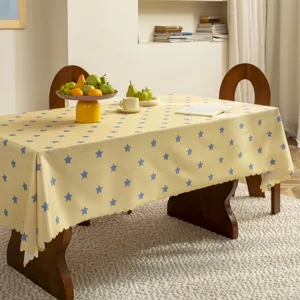 Cream style waterproof oil-proof rectangle tablecloth with cute blue stars for table decoration