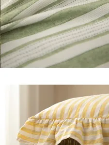 Close-up detail of French vintage striped cotton chair cushion, showing soft texture and ruffles.