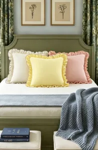 Cotton throw pillow cover with ruffled edge solid color decorative cushion for living room bed