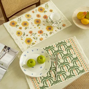 French Vintage Style Cotton Blend Place Mat Heat Insulated Table Mat With Tassel Botanical Floral Print Dining Table Decor