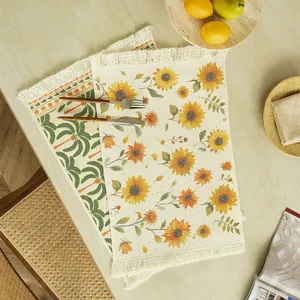 French vintage cotton woven placemat with sunflower floral print and tassel trim for dining table