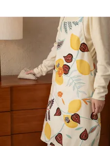 Lemon print kitchen apron, waterproof cotton linen cooking home utility bib with pocket.