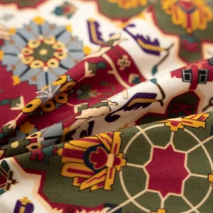 Detailed view of retro ethnic style printed cushion fabric, exquisite geometric patterns.