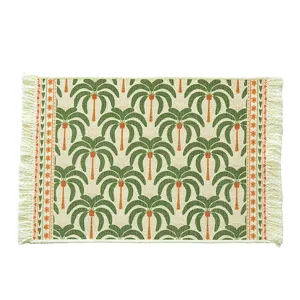 French vintage cotton woven placemat with palm tree pattern and fringe for dining table.