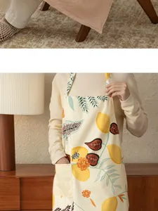 Cotton kitchen apron with lemon plant print, sleeveless pocket cooking smock for women.