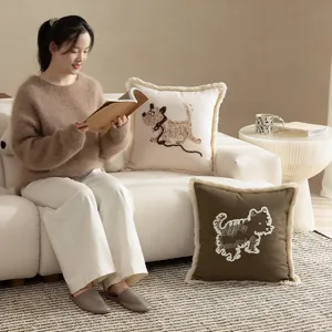 Cotton Throw Pillow Cover Decorative Cute Puppy Embroidery Cushion Case With Tassel For Sofa Living Room Bedside Home Decor