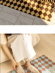 Retro checkered silk-loop doormat for home entrance, anti-slip vintage floor mat.