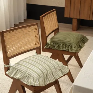 French Vintage Striped Chair Cushion Cotton Ruffle Edge Dining Chair Pad Non-Slip Soft Seat Cushion For Home Kitchen Decor