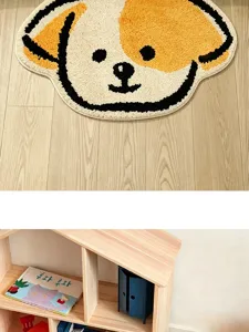 Cute cartoon dog shaped microfiber floor rug detail, soft plush texture for bedroom and bathroom.