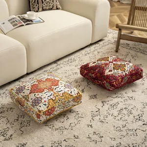 Vintage ethnic style square floor cushion, comfortable tatami pouf for living room floor.