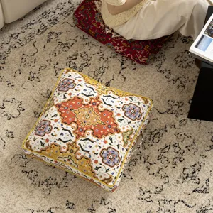 Retro ethnic style floor cushion for living room tatami pouffe seat pad with yellow piping