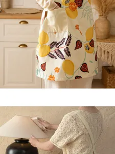 Cotton kitchen apron for women cute lemon floral pattern sleeveless cooking pocket home dress