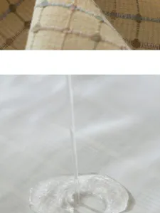 Gedetailleerd uitzicht van waterdichte katoenen schortstof met ruitpatroon en watertest.