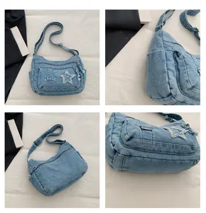 Bolso de hombro de mezclilla de moda para mujer, bolso cruzado casual con parche de estrella.