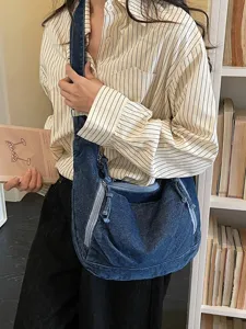 Stylish denim shoulder bag for women, casual large capacity crossbody bag for daily commute school.
