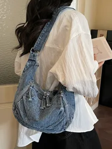 Korean style fashion denim shoulder bag casual large capacity crossbody tote bag