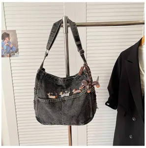 Fashionable denim shoulder bag with cute dog embroidery, large capacity crossbody bag.