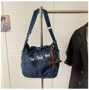 Denim shoulder bag casual crossbody tote with cute dog embroidery large capacity commuter bag