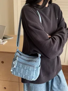 Vintage Fashion Denim Shoulder Bag Women Casual Crossbody Bag Commuting Travel Handbag Multi Pocket Chic Purse