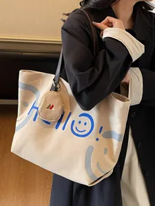 Korean canvas tote bag large capacity shoulder bag casual commuter handbag with Hello print