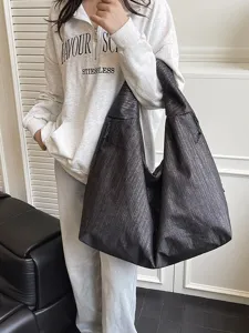 Large capacity metallic dark grey tote bag, casual single shoulder commuting shopping bag.