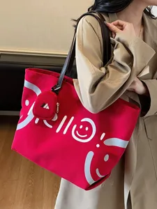 Red Canvas Tote Bag Large Capacity Casual Shoulder Bag for Women Daily Commuter Handbag