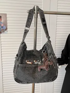 Vintage washed denim shoulder bag with cute puppy embroidery large capacity tote bag