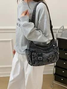 Bolso bandolera de mezclilla de moda para mujer, bolso cruzado vintage lavado multibolsillo.
