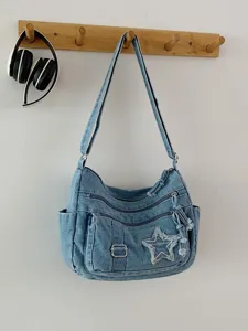 Elegante bolso bandolera de mezclilla informal con múltiples bolsillos con cremallera.