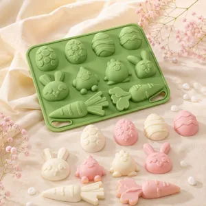 Easter silicone mold detail view showing bunny chick egg and carrot shapes with chocolates.
