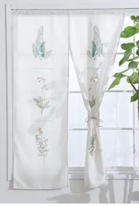 Linen-look botanical print door curtain, short window curtain with rod pocket design