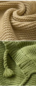 Close-up detail of soft knitted throw blanket texture, showing cozy fabric and fine craftsmanship.