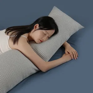 Long body pillow for sleeping, cooling ice silk side sleeper leg pillow, grey grid pattern.
