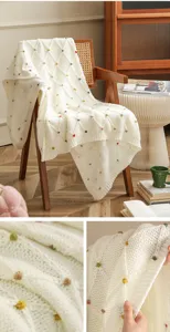 Nordic style knitted throw blanket detail showing soft textured fabric with colorful pom poms.