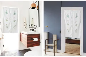 Linen-look split door curtain with botanical plant prints, perfect for room decoration.