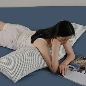 Cooling ice silk long body pillow for side sleepers, breathable grid pattern cover.