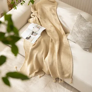 Beige knitted throw blanket for couch sofa nordic style summer air conditioning
