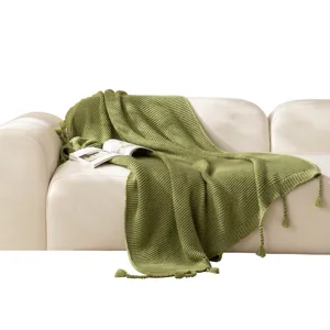 Nordic style knitted throw blanket, solid green sofa blanket with tassels for home and office.